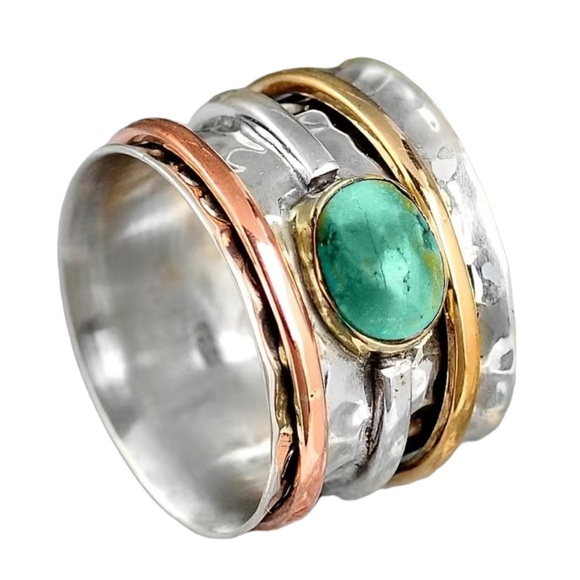 Boho Three Tone Banded Turquoise Ring - Picture 3 of 7